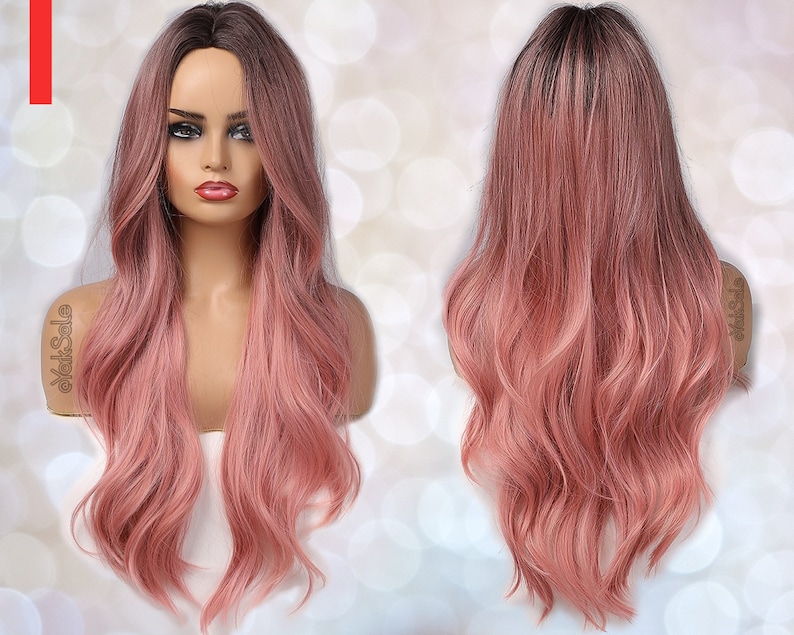 Dark Root Pink Ombre Synthetic Wig for Black & White Women, Natural Look Hair No Lace Front Long Wig Heat Resistant, Long Wavy Layered Ombre image 1