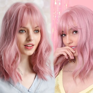 Pink Bob Cut Short Synthetic Wig Natural Looking Hair No Lace Front Short Wig With Bangs Water Wavy Heat Resistant image 1