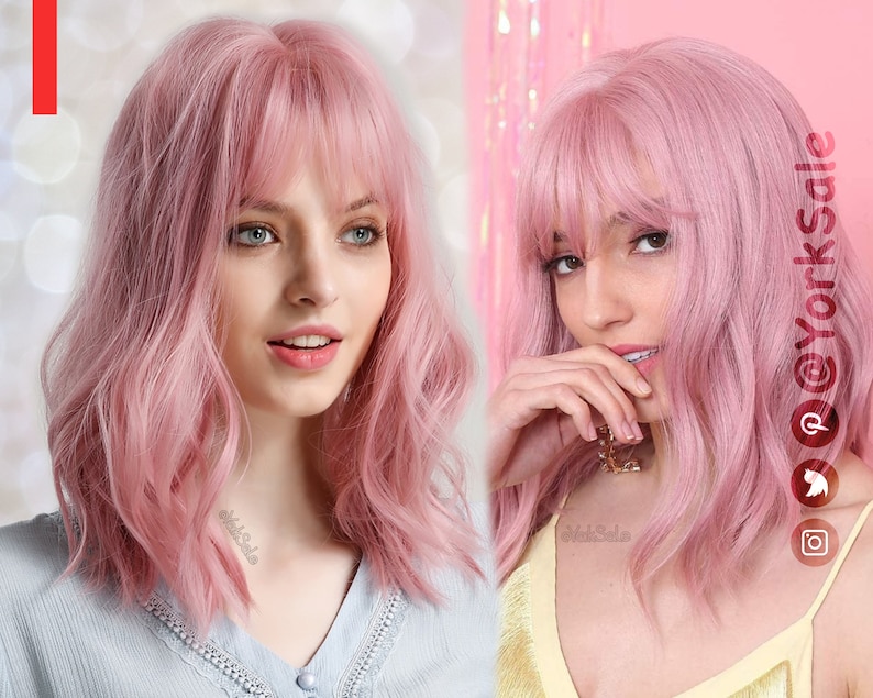 Pink Bob Cut Short Synthetic Wig Natural Looking Hair No Lace Front Short Wig With Bangs Water Wavy Heat Resistant image 1
