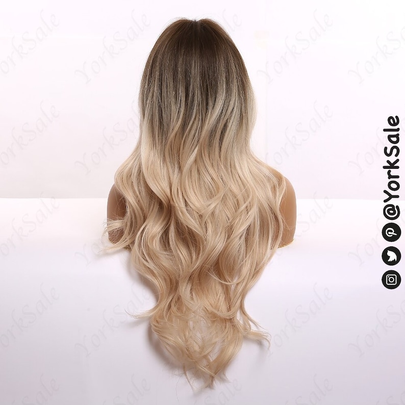 Face Balayage Brown to Blonde Long Synthetic Wig Natural Looking Hair No Lace Front Long Wig Water Wavy Heat Resistant image 2