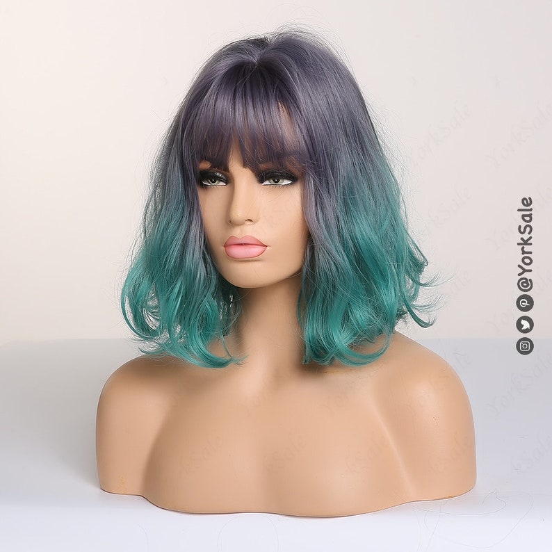 Purple Green Turquoise Bob Cut Wavy Short Synthetic Wig, Natural Looking Hair No Lace Front Short Wig With Bangs, Water Wavy, Heat Resistant image 4