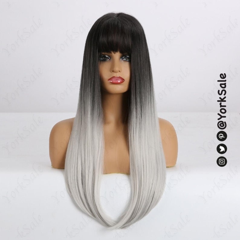 Black to Silver Straight Wig for Black & White Women Natural Look Hair Long Dark Roots Bangs Synthetic Wigs Long Straight Heat Resistant image 3