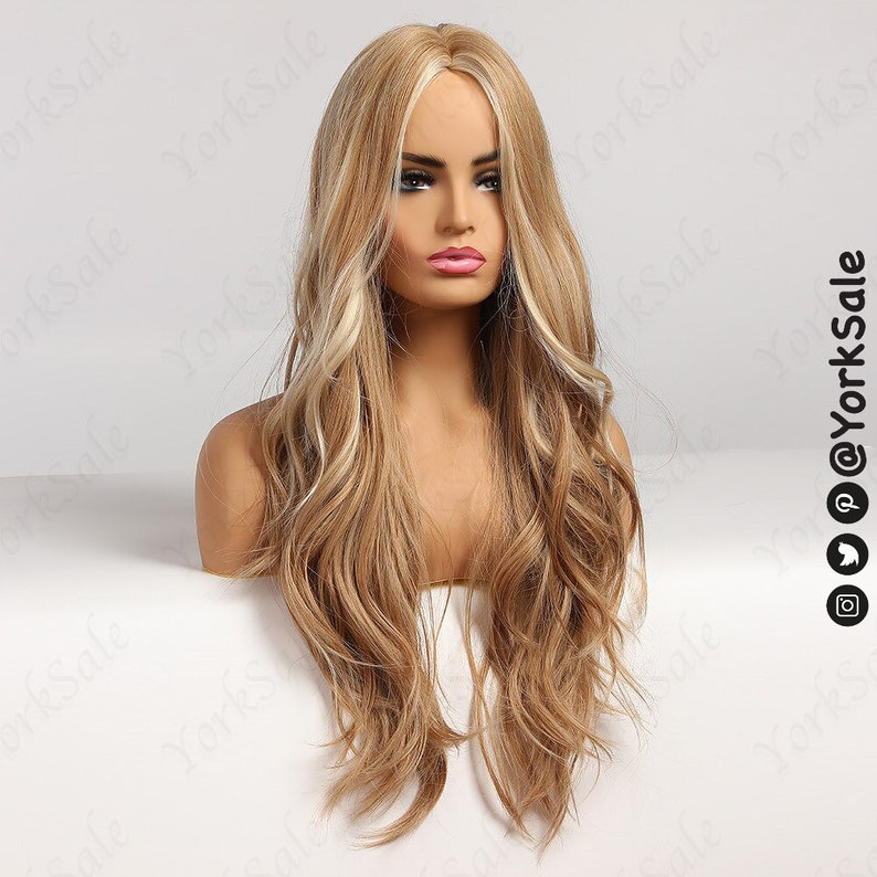 Longue blonde ondulée avec perruque synthétique Highlights pour femme noir et blanc de cheveux daspect naturel résistant à la chaleur en couches Ombre légère image 4