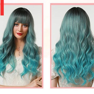 Long Wavy Blue Green Synthetic Wig with Dark Roots and Bangs for Black & White Women Natural Look Hair Heat Resistant image 4