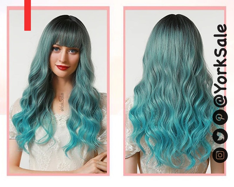 Long Wavy Blue Green Synthetic Wig with Dark Roots and Bangs for Black & White Women Natural Look Hair Heat Resistant image 4