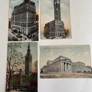 1910 bâtiments antiques de la ville de NEW YORK - lot de 4 cartes postales - Knickerbocker Hotel, Madison Square Garden, Pennsylvania Railroad Station, Singer