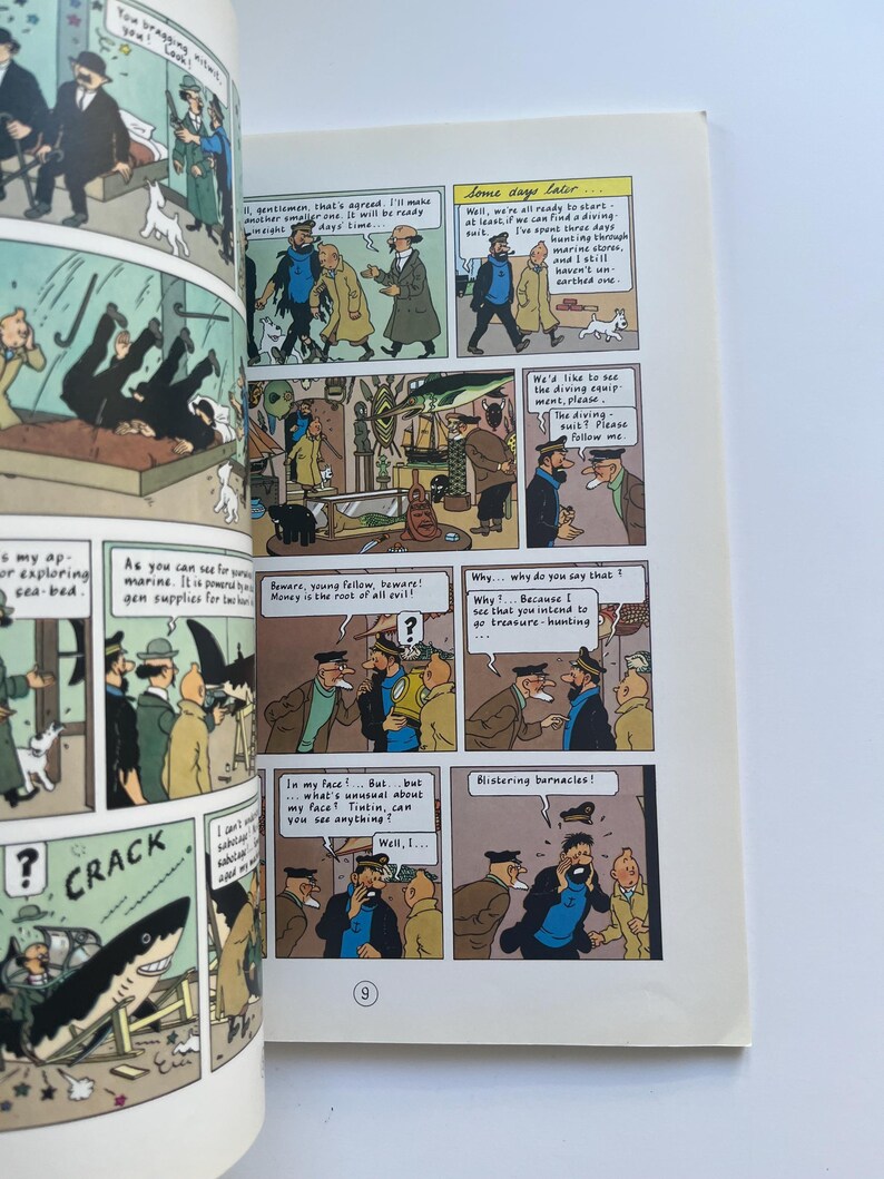 May include: A comic book page featuring panels with illustrations and speech bubbles. The panels depict various scenes with characters in different settings. Text includes phrases like "Some days later..." and "Blistering barnacles!"