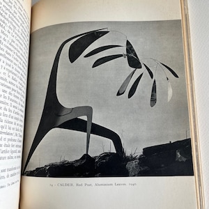 Pode incluir: Uma fotografia a preto e branco de uma escultura m&oacute;vel com folhas de alum&iacute;nio. A escultura &eacute; feita de metal e est&aacute; suspensa num poste vermelho. A escultura &eacute; intitulada "Red Post, Aluminium Leaves. 1940."