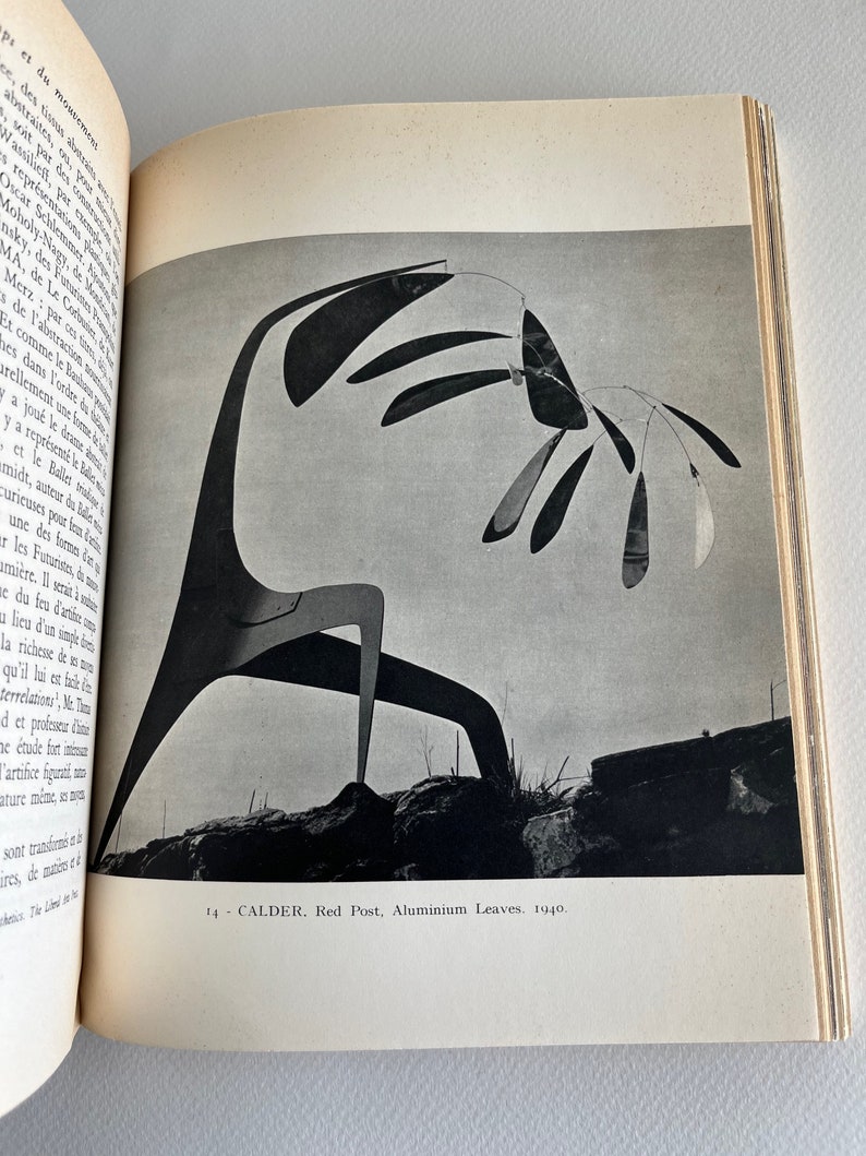 Pode incluir: Uma fotografia a preto e branco de uma escultura m&oacute;vel com folhas de alum&iacute;nio. A escultura &eacute; feita de metal e est&aacute; suspensa num poste vermelho. A escultura &eacute; intitulada "Red Post, Aluminium Leaves. 1940."