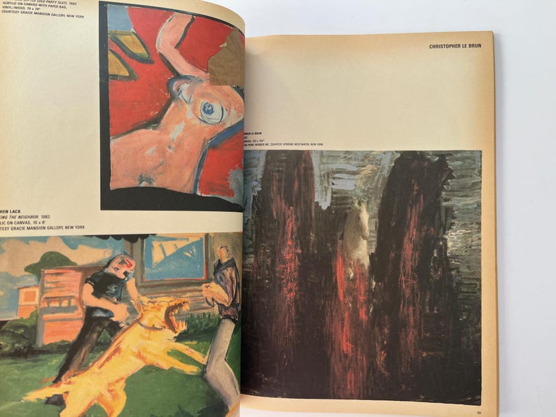 K&ouml;nnte beinhalten: Eine Seite aus einem Kunstbuch mit drei Gem&auml;lden. Oben links ist eine nackte Figur in Rot und Orange zu sehen. Unten links ist eine Szene mit Figuren und einem Hund dargestellt. Die rechte Seite zeigt ein abstraktes Gem&auml;lde in dunklen Farben.