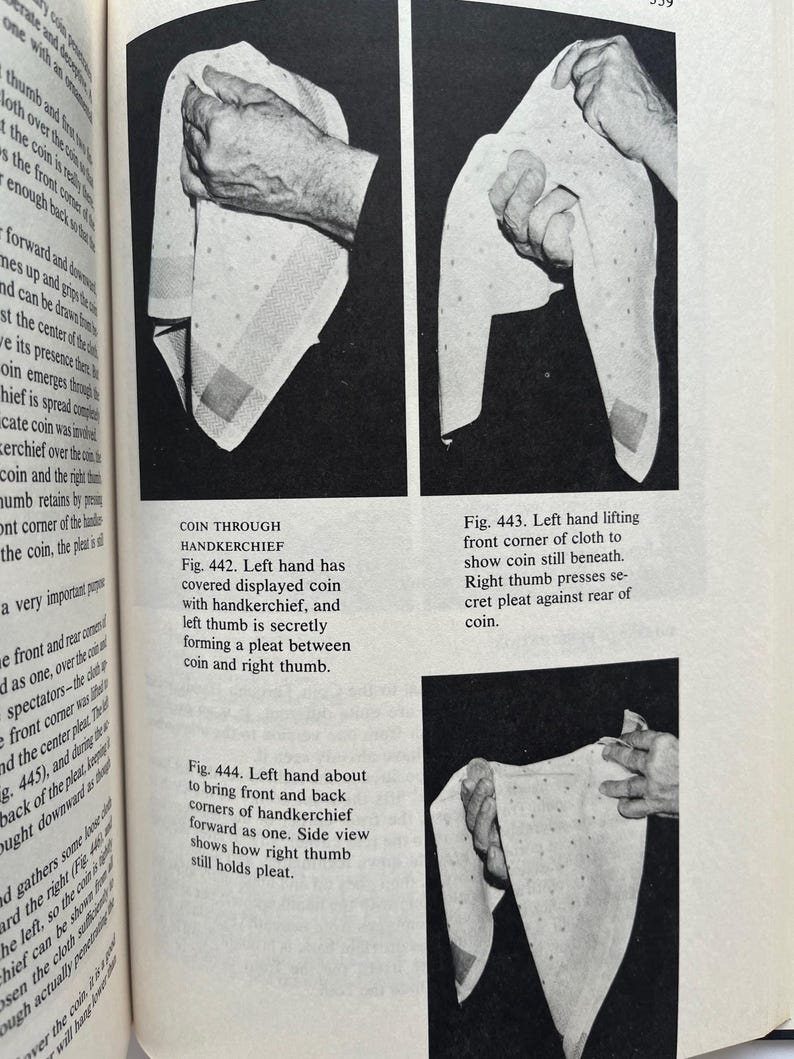 May include: Black and white images from a book demonstrating a coin trick with a handkerchief. The handkerchief has a dotted pattern and is being manipulated by hands to reveal the coin.