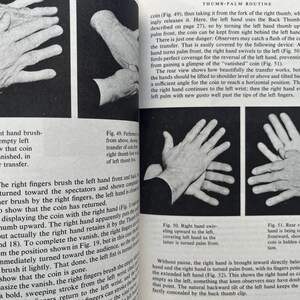 May include: Black and white images from a book on the thumb-palm routine, illustrating hand positions for a coin trick. Figures show hand movements, including palm front and rear views, with descriptive text.