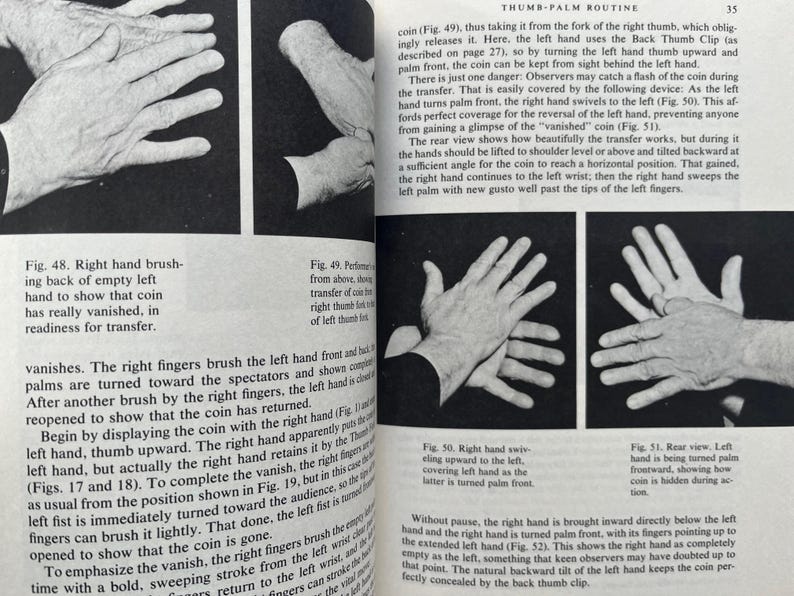May include: Black and white images from a book on the thumb-palm routine, illustrating hand positions for a coin trick. Figures show hand movements, including palm front and rear views, with descriptive text.