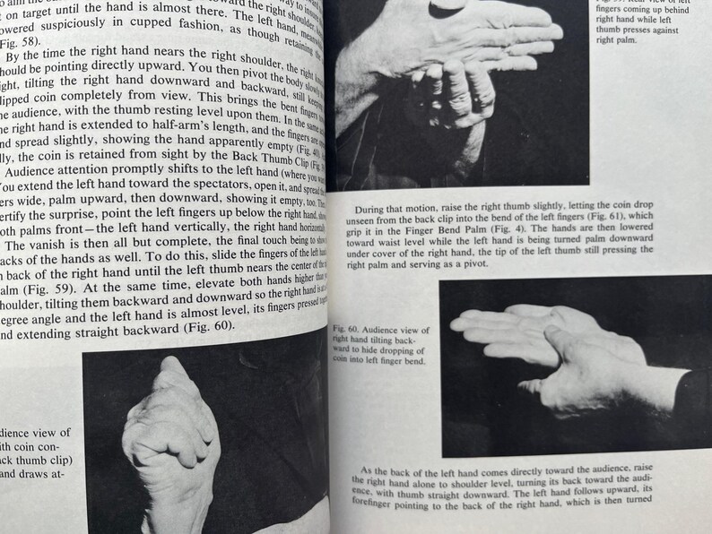 May include: Black and white images of hands demonstrating a magic trick, with text and diagrams. The images show different hand positions and movements, with detailed instructions.