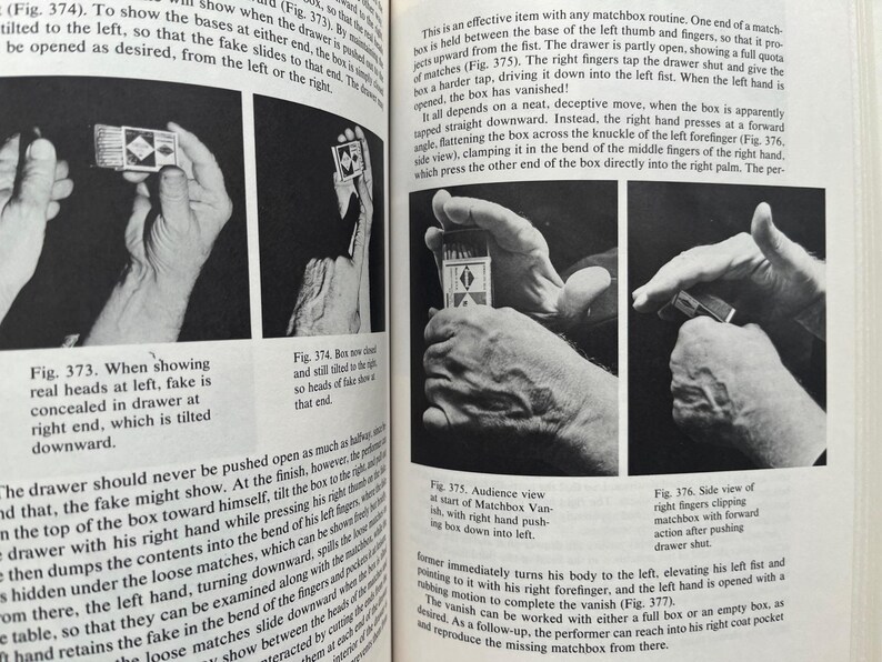 May include: Black and white images from a book detail a matchbox magic trick. The illustrations show hands manipulating the matchbox, with text describing the steps and angles for the illusion. The images are labeled with figure numbers.