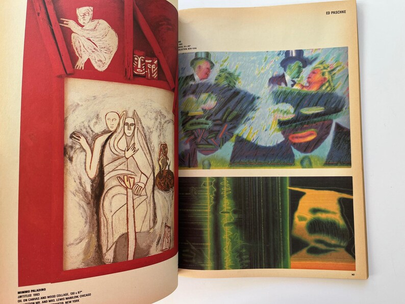 K&ouml;nnte beinhalten: Eine Magazinseite mit Kunstwerken. Ein Bild zeigt ein Gem&auml;lde von zwei Figuren in Wei&szlig;- und Beiget&ouml;nen. Das andere Bild zeigt ein farbenfrohes Gem&auml;lde mit Figuren in Anz&uuml;gen und H&uuml;ten. Die Seite hat Text.