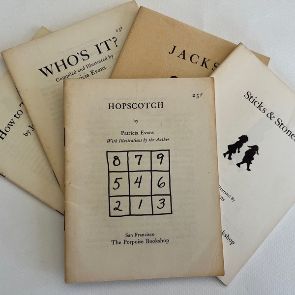 PORPOISE BOOKSHOP ~ San Francisco ~ vintage 1950's- booklets lot of 5 by Patricia evans ( Henry Evans) Jacks, Hopscotch, Sticks & Stones
