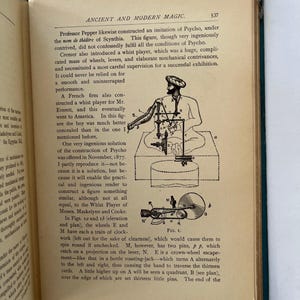 K&ouml;nnte beinhalten: Offene Buchseite mit Text und Illustrationen aus "Ancient and Modern Magic". Die Seite zeigt eine detaillierte Abbildung einer mechanischen Figur, begleitet von beschreibendem Text. Der Bucheinband ist dunkelgr&uuml;n.