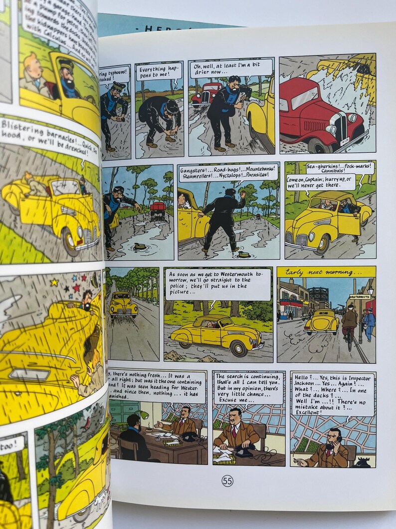 May include: A comic book page featuring a series of panels with illustrations. The panels depict scenes with characters, including a man in a suit and a yellow car. Text bubbles contain dialogue and sound effects.