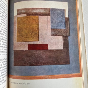 Pode incluir: Pintura geom&eacute;trica abstrata com um esquema de cores marrom, vermelho e azul. A pintura apresenta um c&iacute;rculo dentro de um quadrado, e o texto "NICHOLSON, Cantabria. 1956" &eacute; vis&iacute;vel na parte inferior.