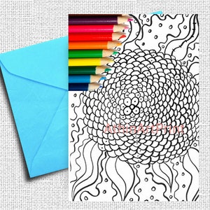 Cartão para colorir de girassol para adultos e crianças | Cartão imprimível pintado à mão, DOWNLOAD INSTANTÂNEO