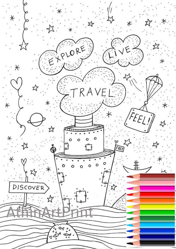 Travel, Explore Live, Feel Coloring Page for Kids Digital Printable INSTANT  DOWNLOAD 