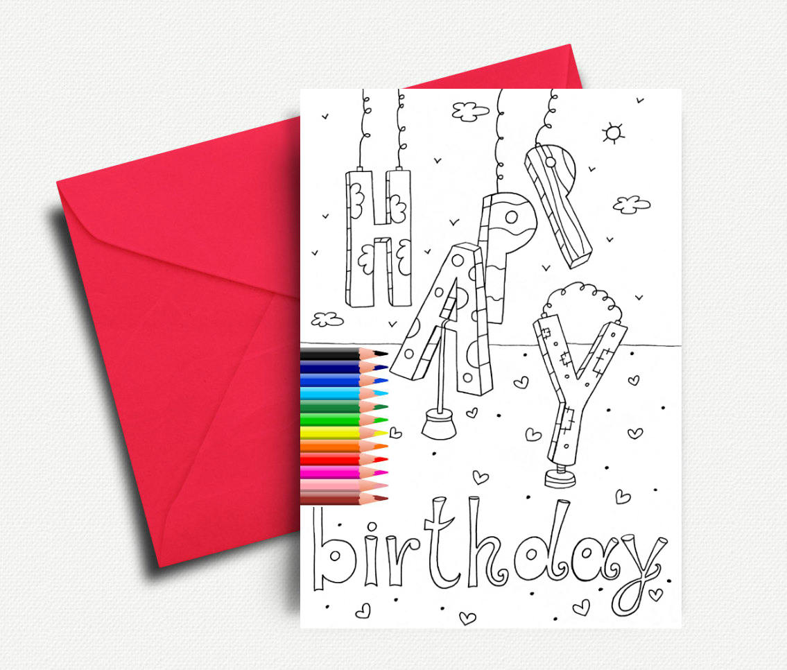 printable coloring card happy birthday birthday printable etsy