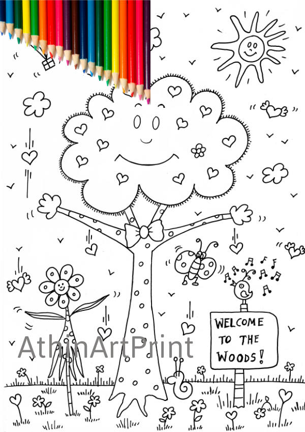 Forest Coloring Page for Kids Digital Printable Coloring | Etsy