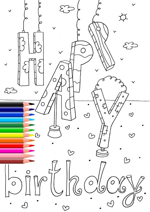 Birthday Coloring Page, Printable Digital Coloring Page, Kids Coloring Pages, INSTANT DOWNLOAD