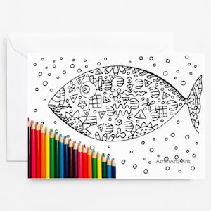 子供向けぬりえカード、グリーティングカード、魚のぬりえ、大人向けぬりえカード、ぬり絵、Cartes à Colorier、デジタルカード、即時ダウンロード