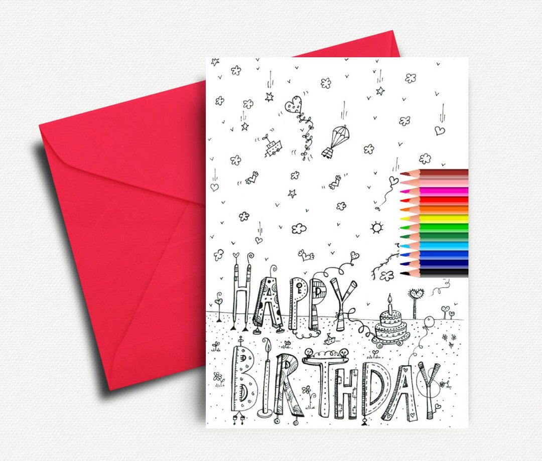 Coloring Card, Happy Birthday Coloring Cards, Adult Coloring Card ...