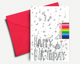 Coloring Card, Happy Birthday Coloring Cards, Adult Coloring Card, Printable Card, Birthday Cards, Birthday Coloring, INSTANT DOWNLOAD