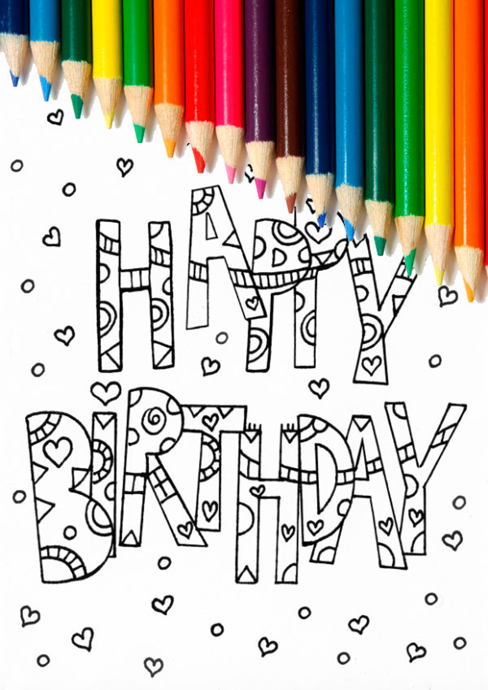 Happy Birthday With Hearts | Coloring Page for Kids | INSTANT DOWNLOAD ...