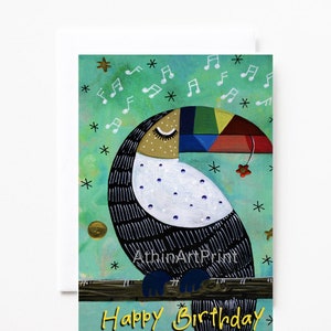 Cartão de aniversário para impressão, cartão de aniversário de pássaro, cartão colorido para crianças, DOWNLOAD INSTANTÂNEO