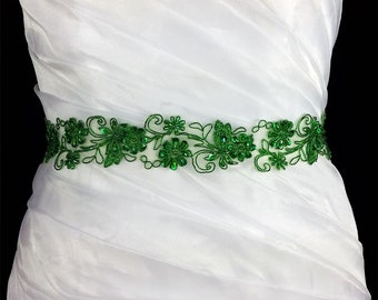 Green Embroidery sash, beaded floral sash,Wedding Sash,Wedding Belt,Belt,Sash, Bridal Sash,Prom sash, Green sash,Wedding Green sash