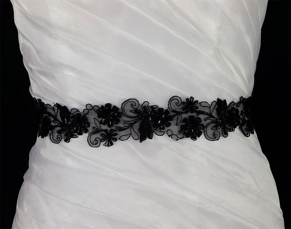 Black Embroidery sash, beaded floral sash,Wedding Sash,Wedding Belt,Belt,Sash, Bridal Sash,Prom sash, Black sash,Wedding Black sash