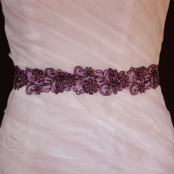 Plum Embroidery sash,beaded floral sash,Wedding Sash,Wedding ,Belt,Sash,Bridal Sash,Prom sash,Plum sash,Wedding Plum sash