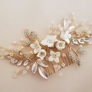 Gold Floral Bridal Wedding Hair Comb,Crystal Hair Comb,White Ceramic Flower Bridal Hair Comb,Wedding Hair Comb,Pearl Crystal Hair Comb