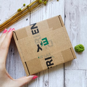 the soap will arrive in a small parcel box made from all recyclable materials
