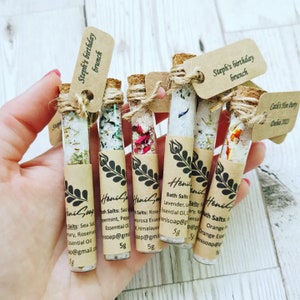 Personalised Bath Salt Glass Tubes -Wedding favours - Hen party - Hen Do Gifts -Scents Lavender, Orange, Rosemary, Spearmint, Rose, 5ml/each