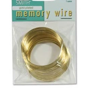 May include: Gold-plated memory wire for jewelry making. The wire is 1 3/4 inches in diameter and comes in a package of 1 spool.