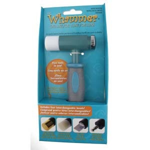 May include: The Whammer Deluxe, a tool for decorative paper crafting, is displayed in its original packaging. The tool is teal and gray with a white cylindrical head. The packaging includes four interchangeable heads and text in English and Spanish.