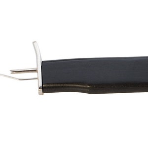 May include: A black handled tool with two metal prongs. The tool is used for opening envelopes.