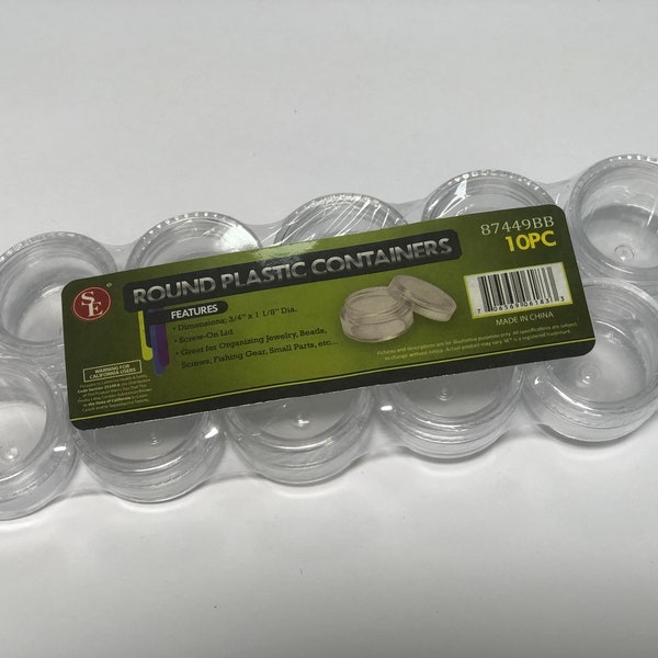 Round Plastic Containers, Pack of 10, 3/4" x 1 1/8" diam