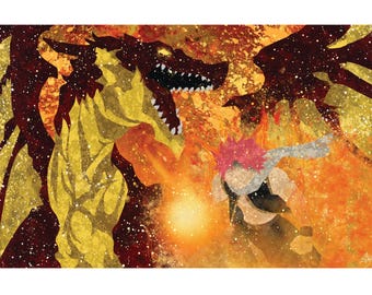 May include: A fiery orange and yellow abstract background with a golden dragon and a red-haired character with a white scarf. The dragon has a large, open mouth with sharp teeth. The character is facing the dragon and has a determined expression.