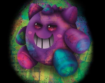 May include: A digital illustration of a purple, plush-like creature with a wide grin and red eyes. The creature has multiple colors, including blue, pink, and green, and is set against a black background with a colorful, splattered effect.