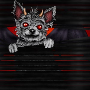 May include: A white, furry creature with red eyes and horns peeks through black and orange blinds. The creature has a mischievous expression.