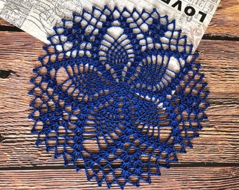 Vintage Doily Blue Table Decor Round Doily Cyanotype Print on Fabric