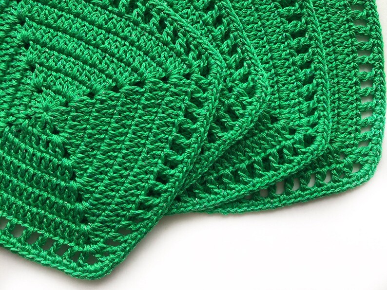 Square cup mats Green cotton coasters Crochet coaster set