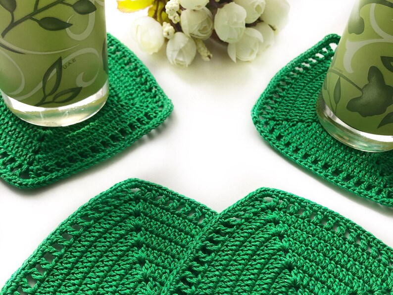 Square cup mats Green cotton coasters Crochet coaster set